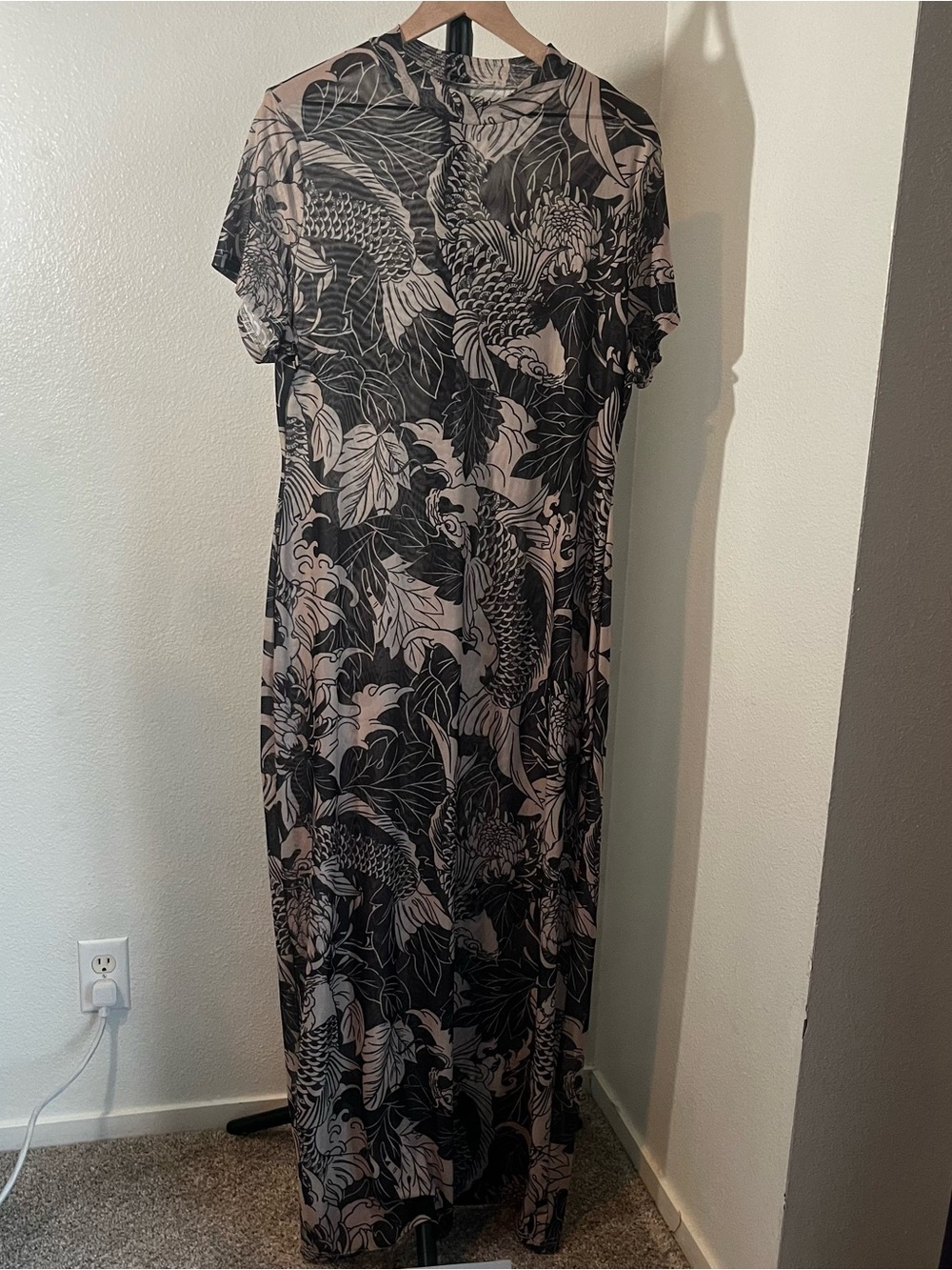 SHEIN Black & Beige Koi Floral Sheer Maxi Dress